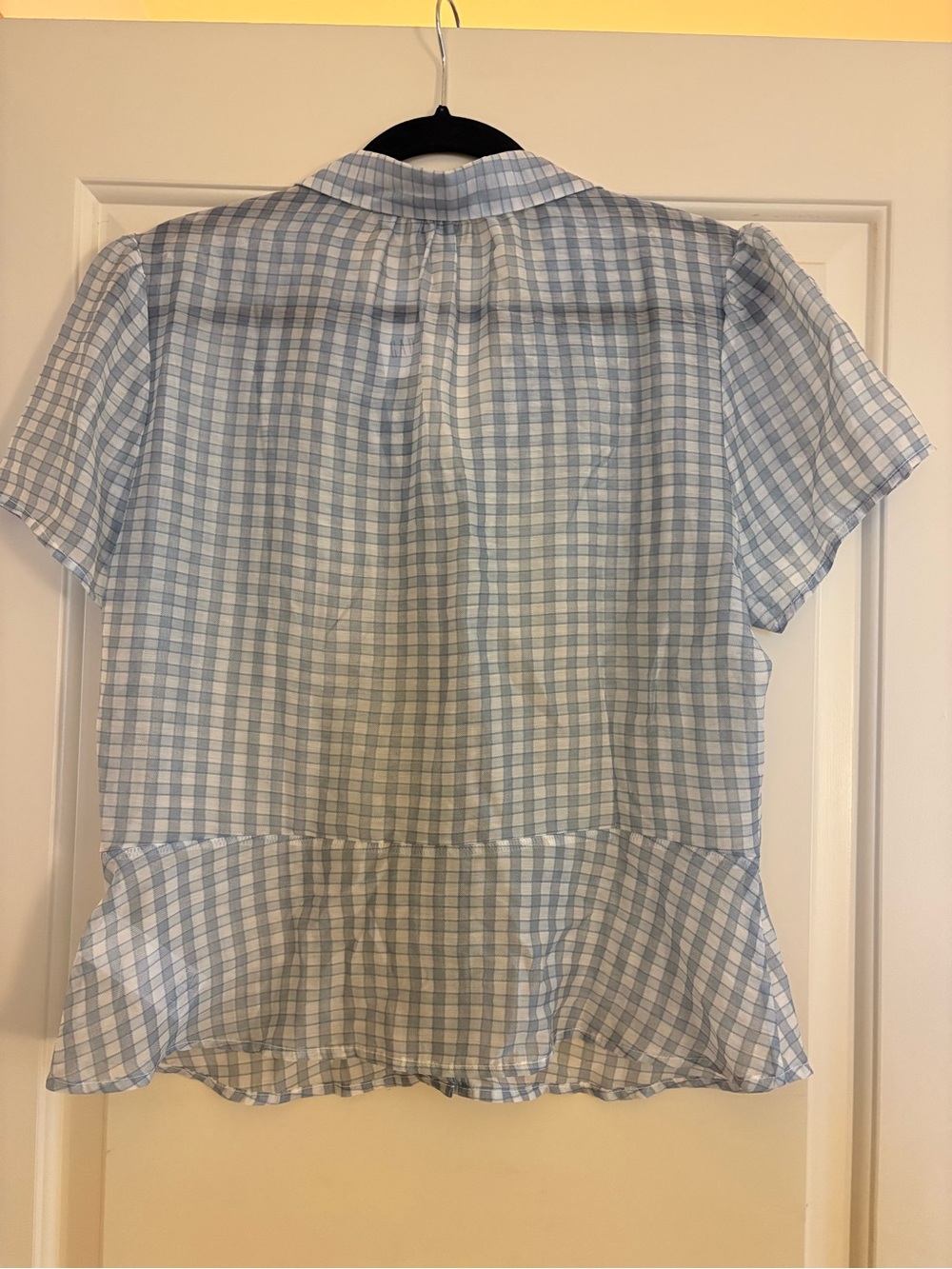 GAP sheer peplum button-front top, blue and white check, size L, NWT - Picture 8 of 9